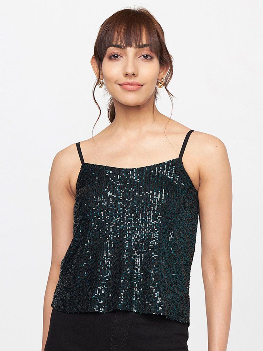 and teal embellished sequinned tank top