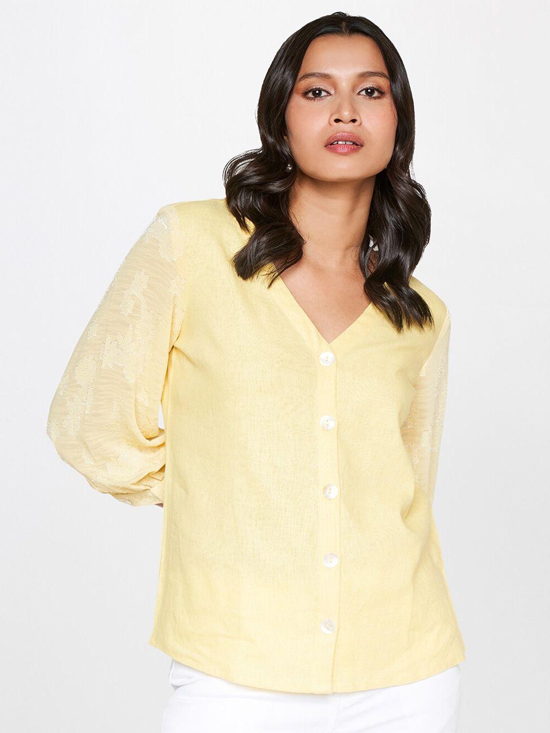 and v-neck puff sleeves shirt style top