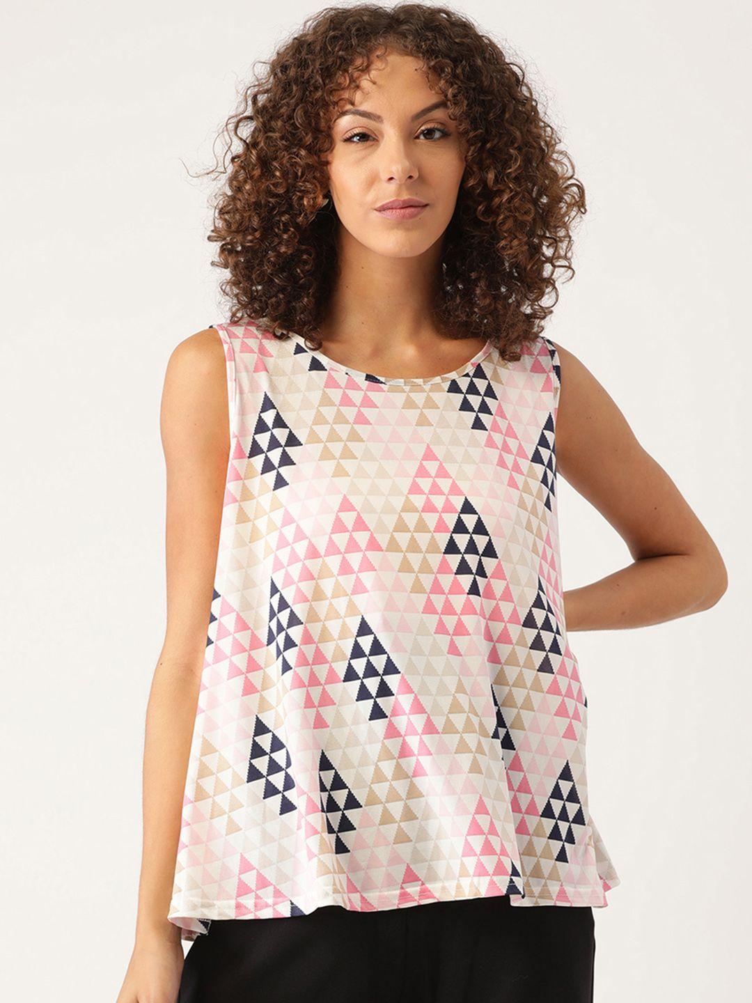 and white & navy blue geometric printed a-line top