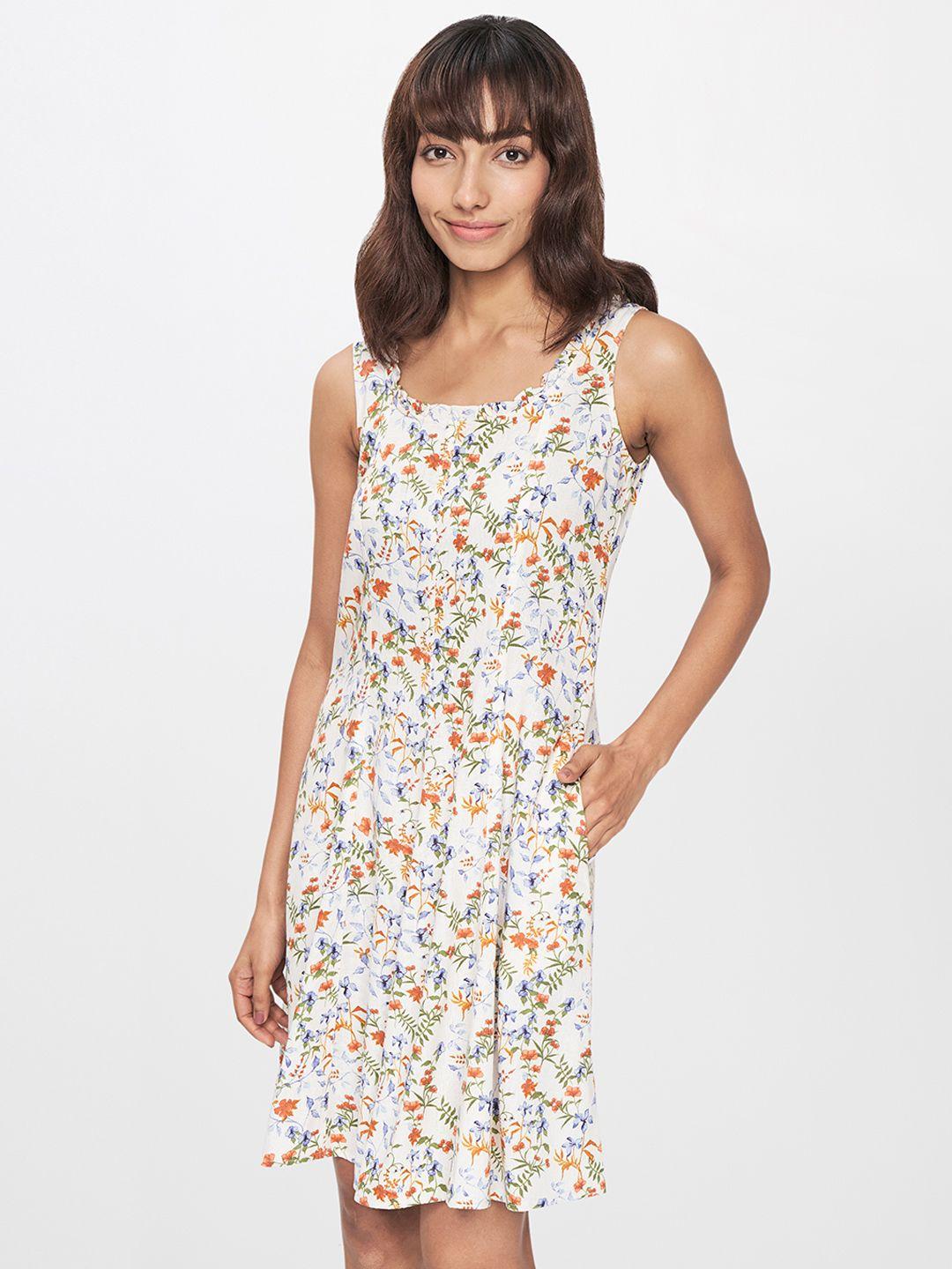 and white & orange floral tie-up detailed a-line dress