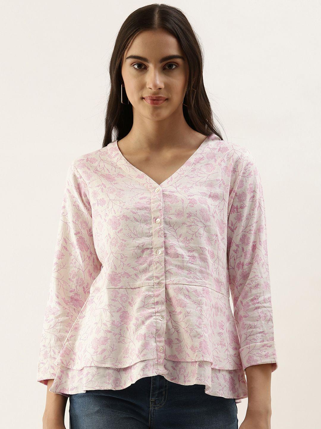 and white & pink floral print layered linen blend shirt style top