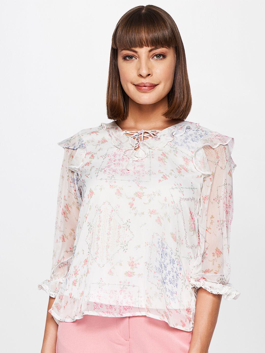 and white & red floral tie-up neck regular top