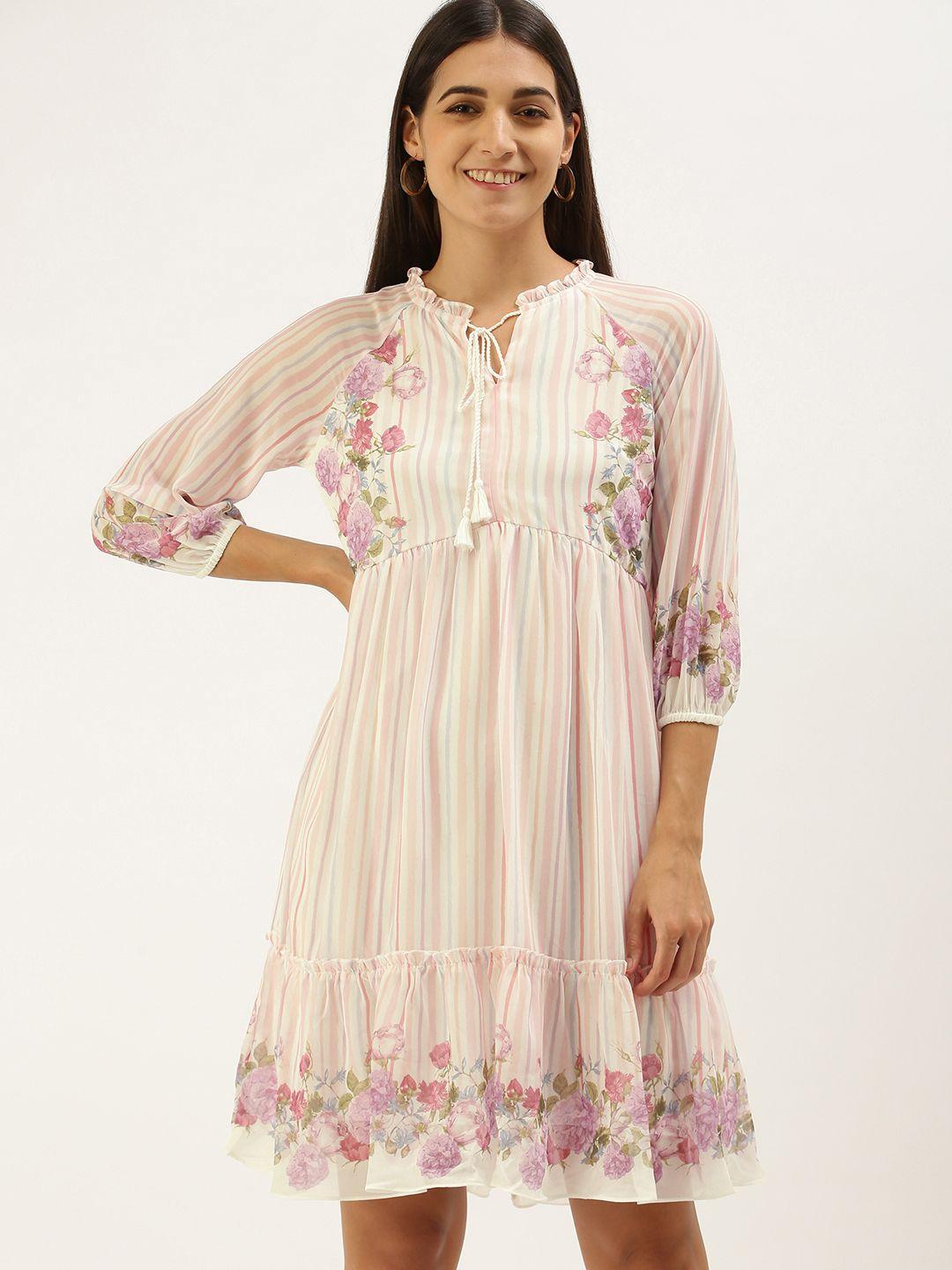 and white floral tie-up neck a-line dress
