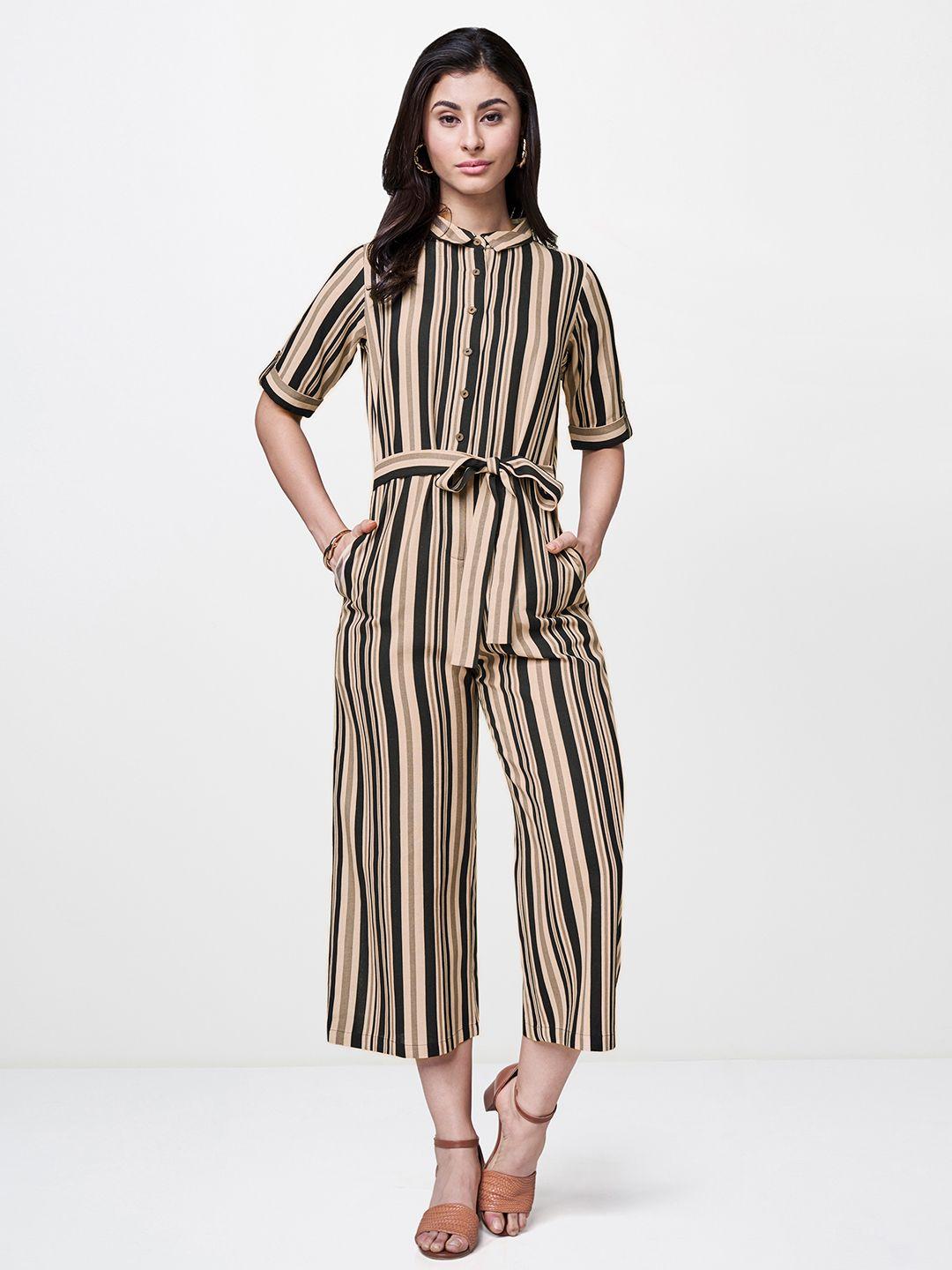 and women beige & black striped culotte jumpsuit with waist tie-ups