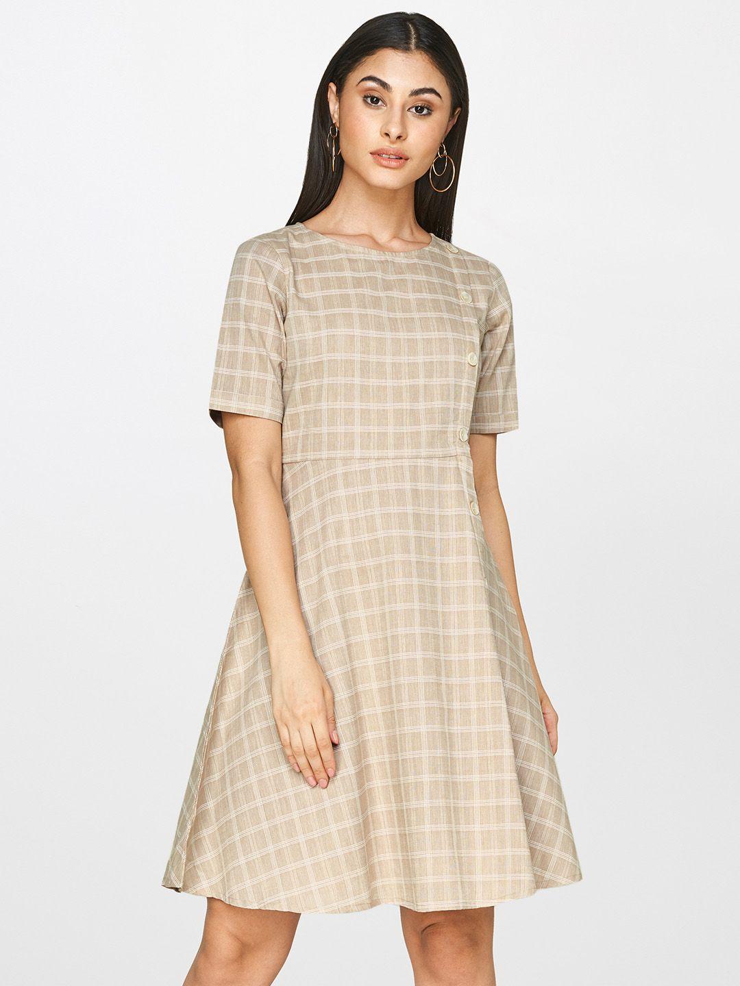 and women beige & white checked fit and flare dress with button detail