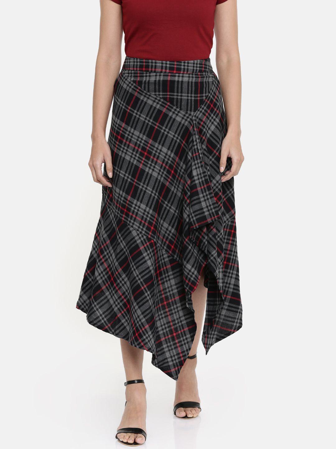 and women black & charcoal grey checked casual flared skirt