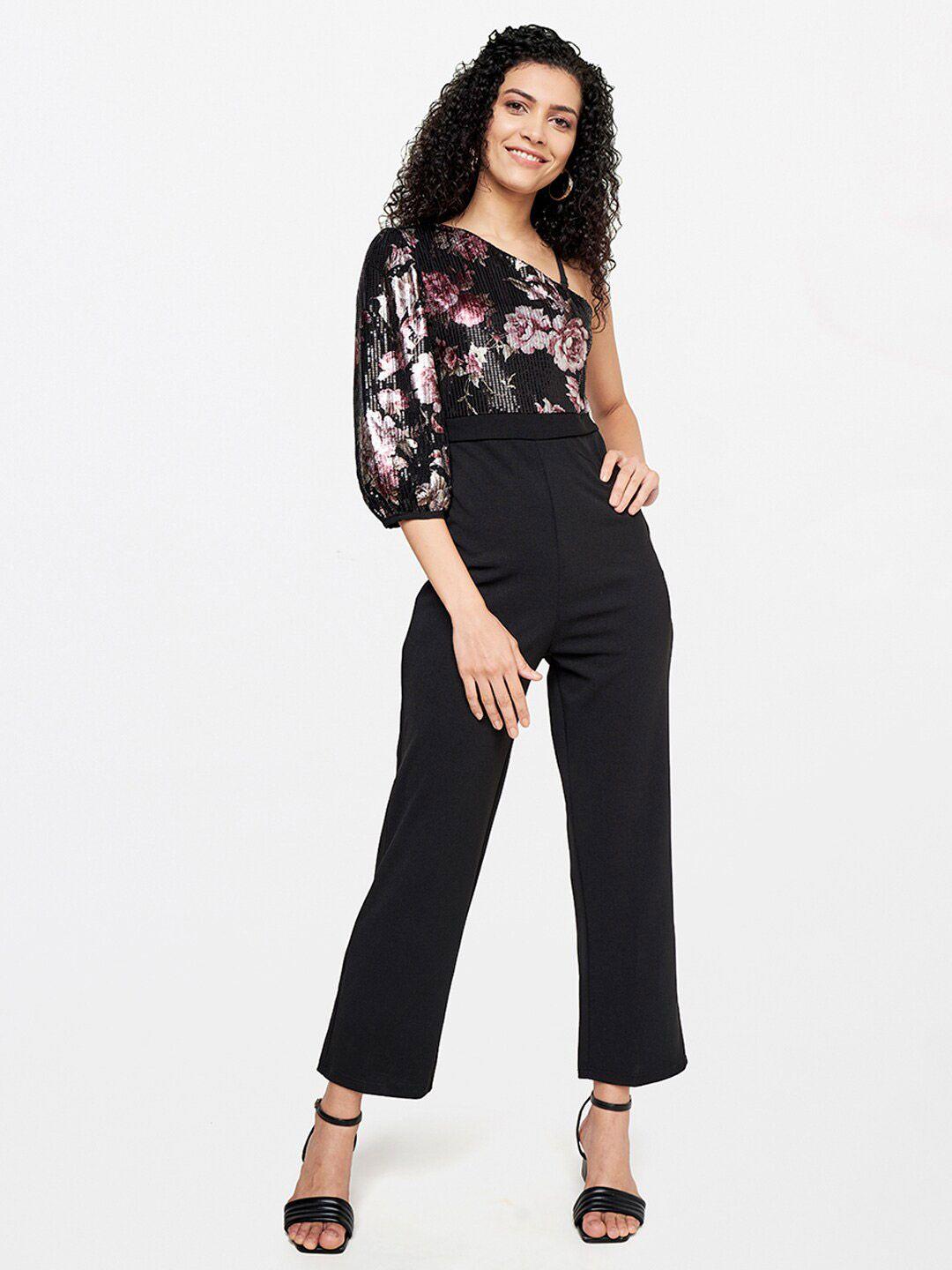 and women black & pink printed & sequined basic jumpsuit