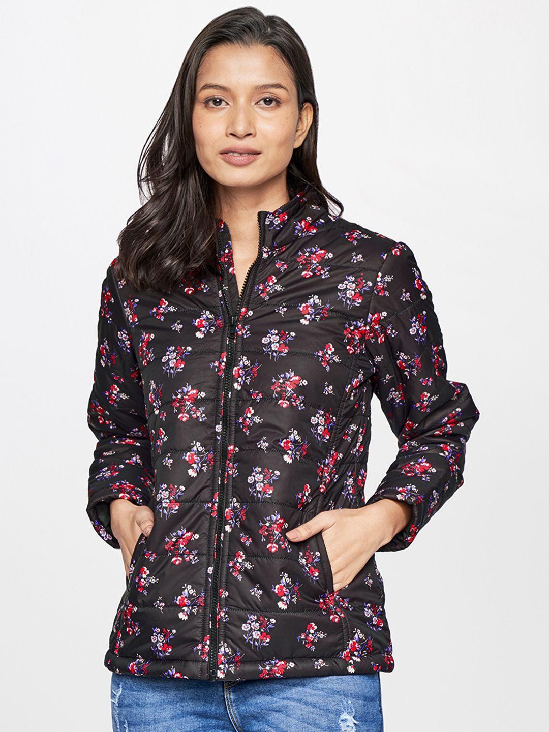and women black & red floral print puffer jacket