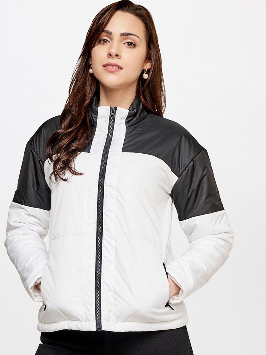 and women black & white colourblocked bomber jacket