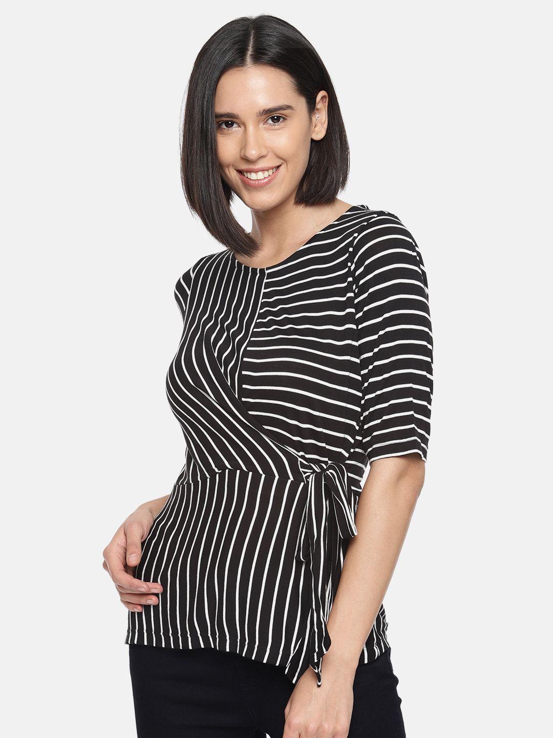 and women black & white striped cinched waist pure cotton top