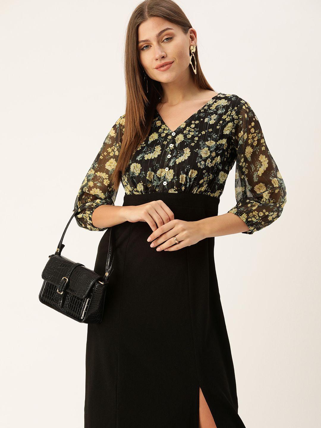 and women black & yellow floral v neck  bodycon maxi dress