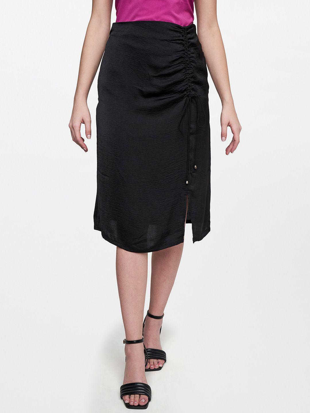 and women black  solid above knee-length straight skirt