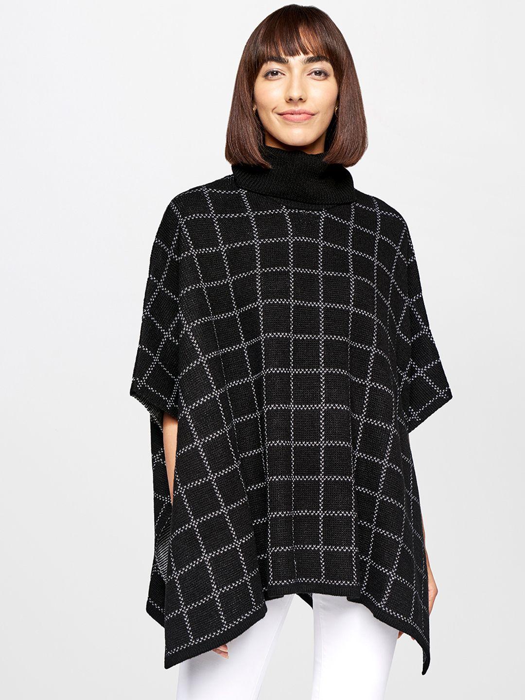 and women black checked poncho sweater
