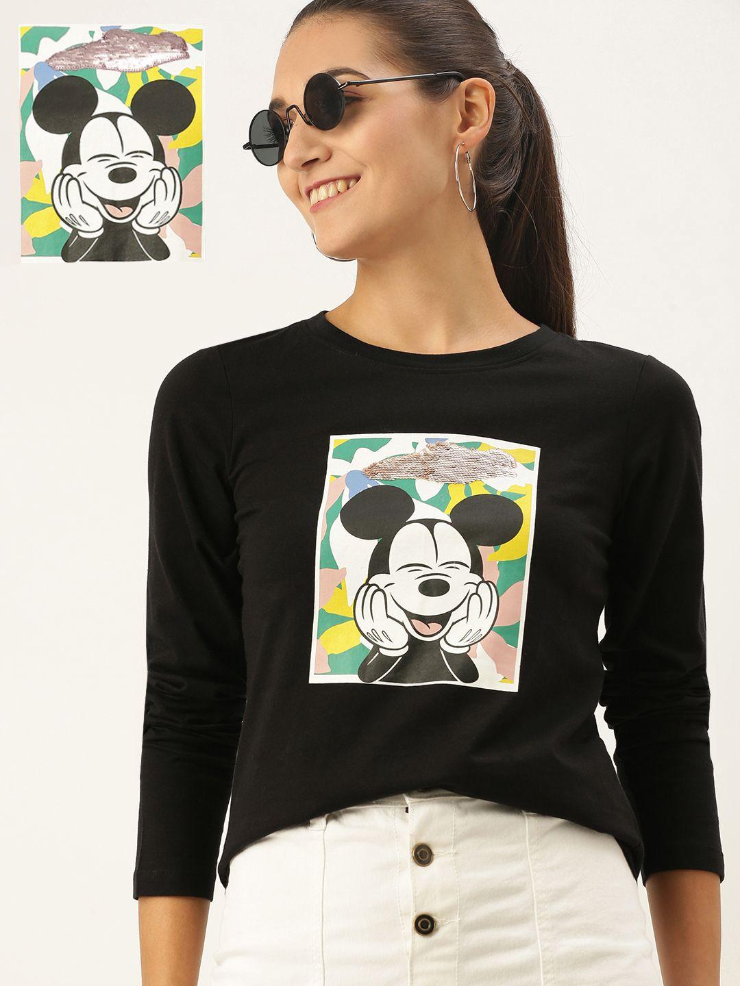 and women black mickey mouse printed t-shirt