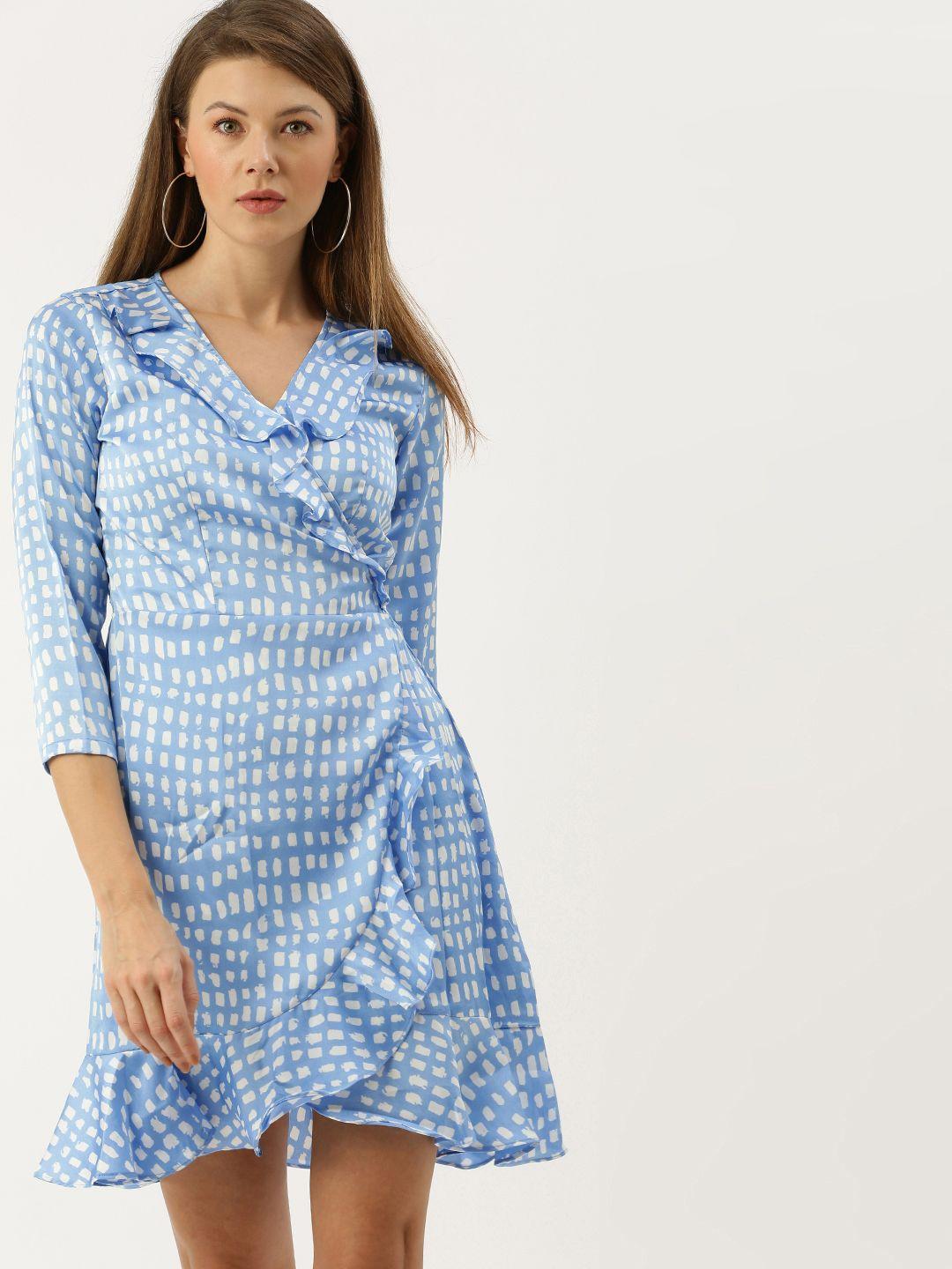 and women blue & white printed wrap dress with ruffles
