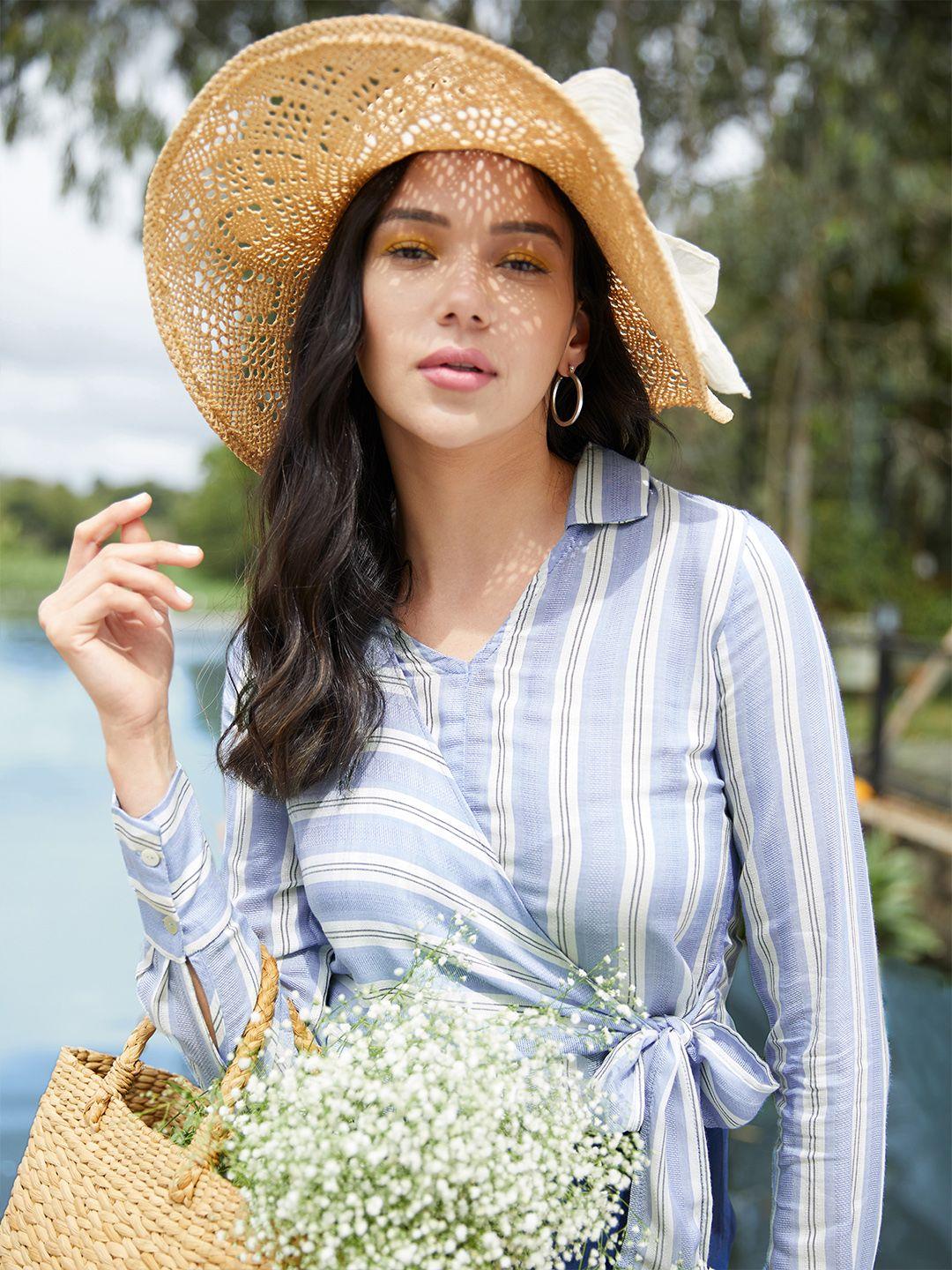 and women blue & white striped wrap top