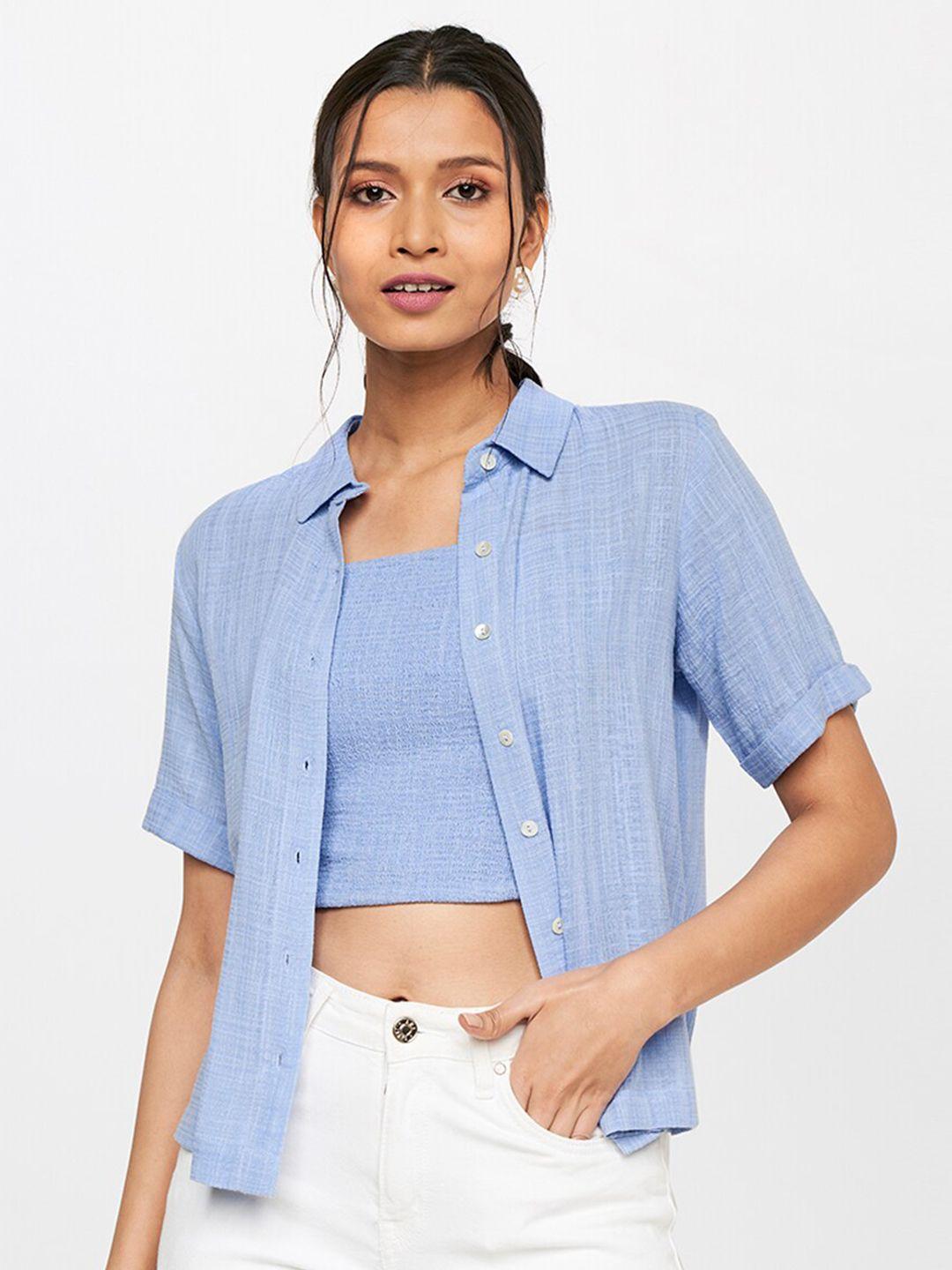 and women blue 2 piece striped shirt style top with crop top