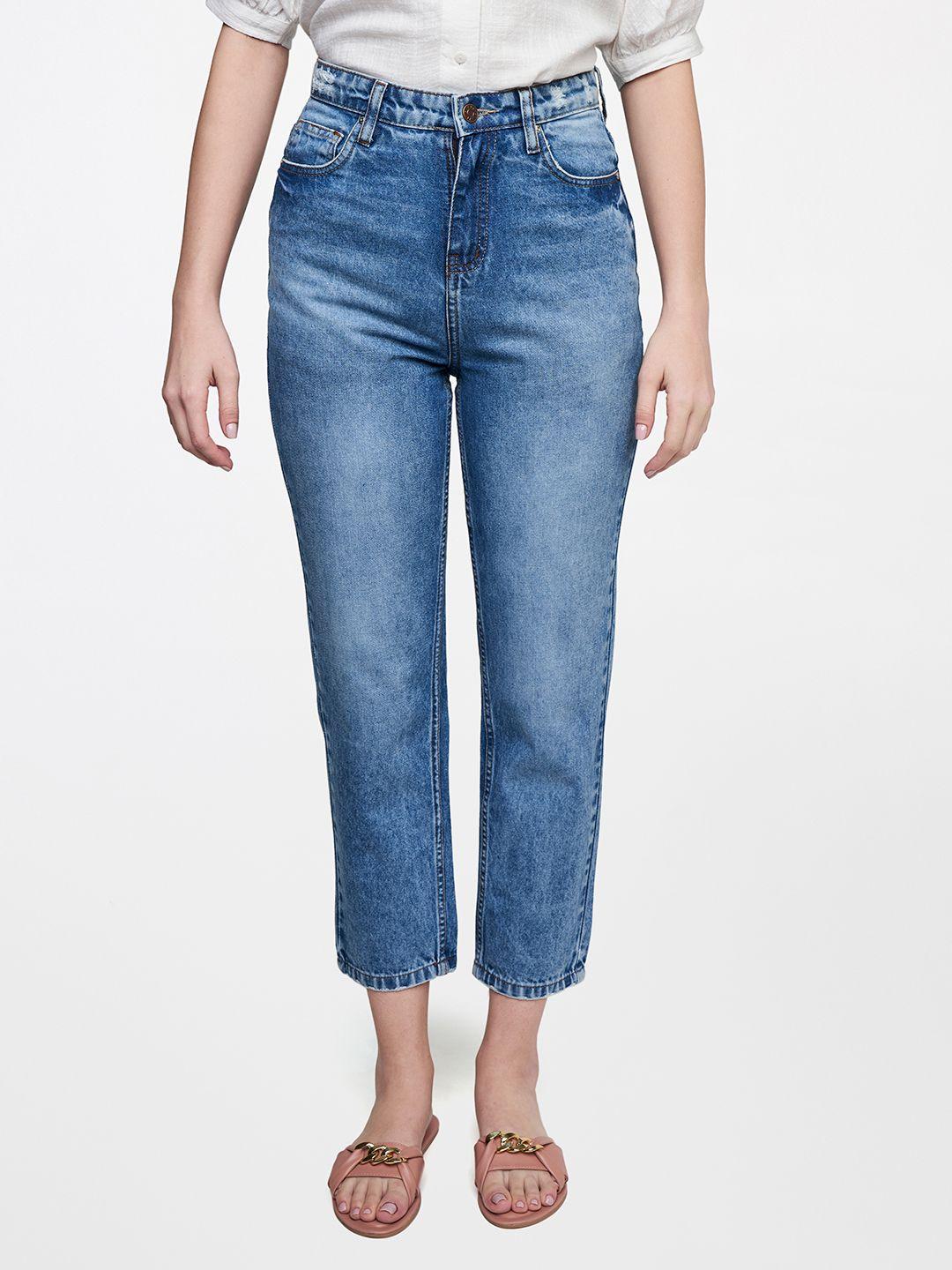 and women blue high-rise  clean look heavy fade jeans