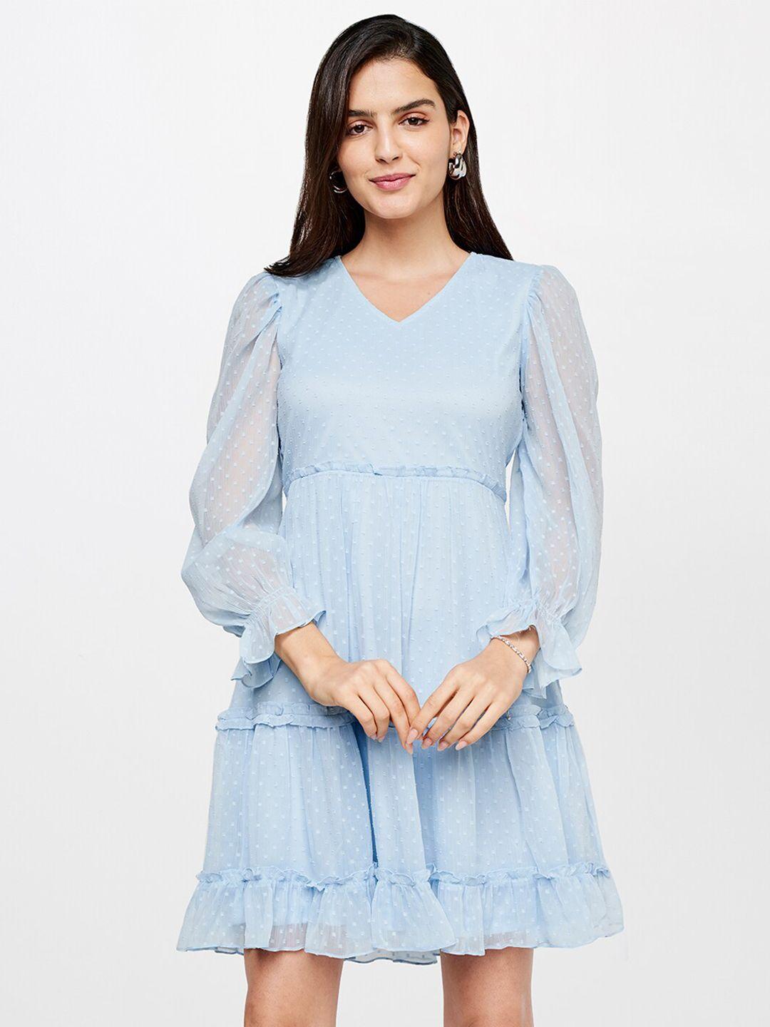 and women blue polka dots puff sleeves v neck fit & flare dress