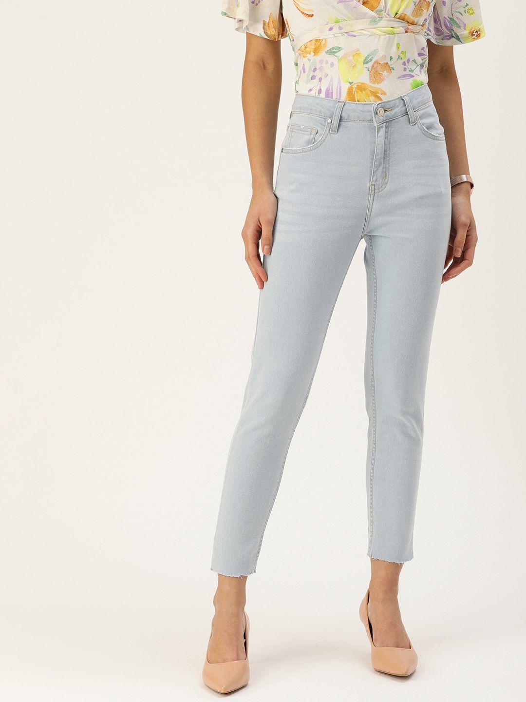 and women blue solid skinny fit high rise regular trousers