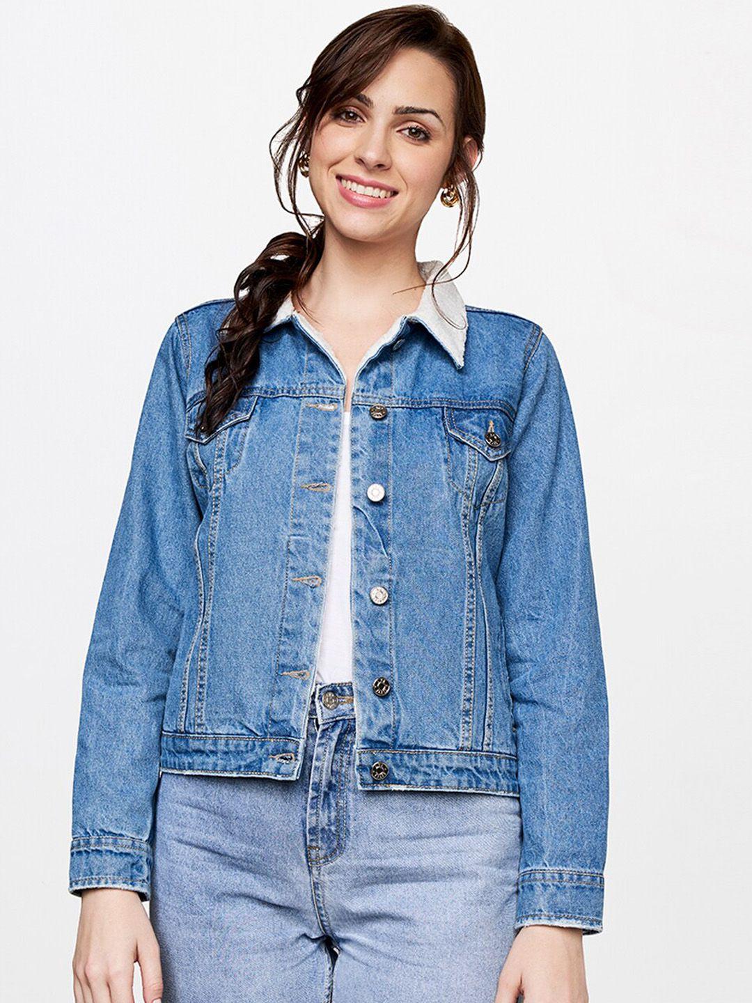 and women blue washed denim jacket