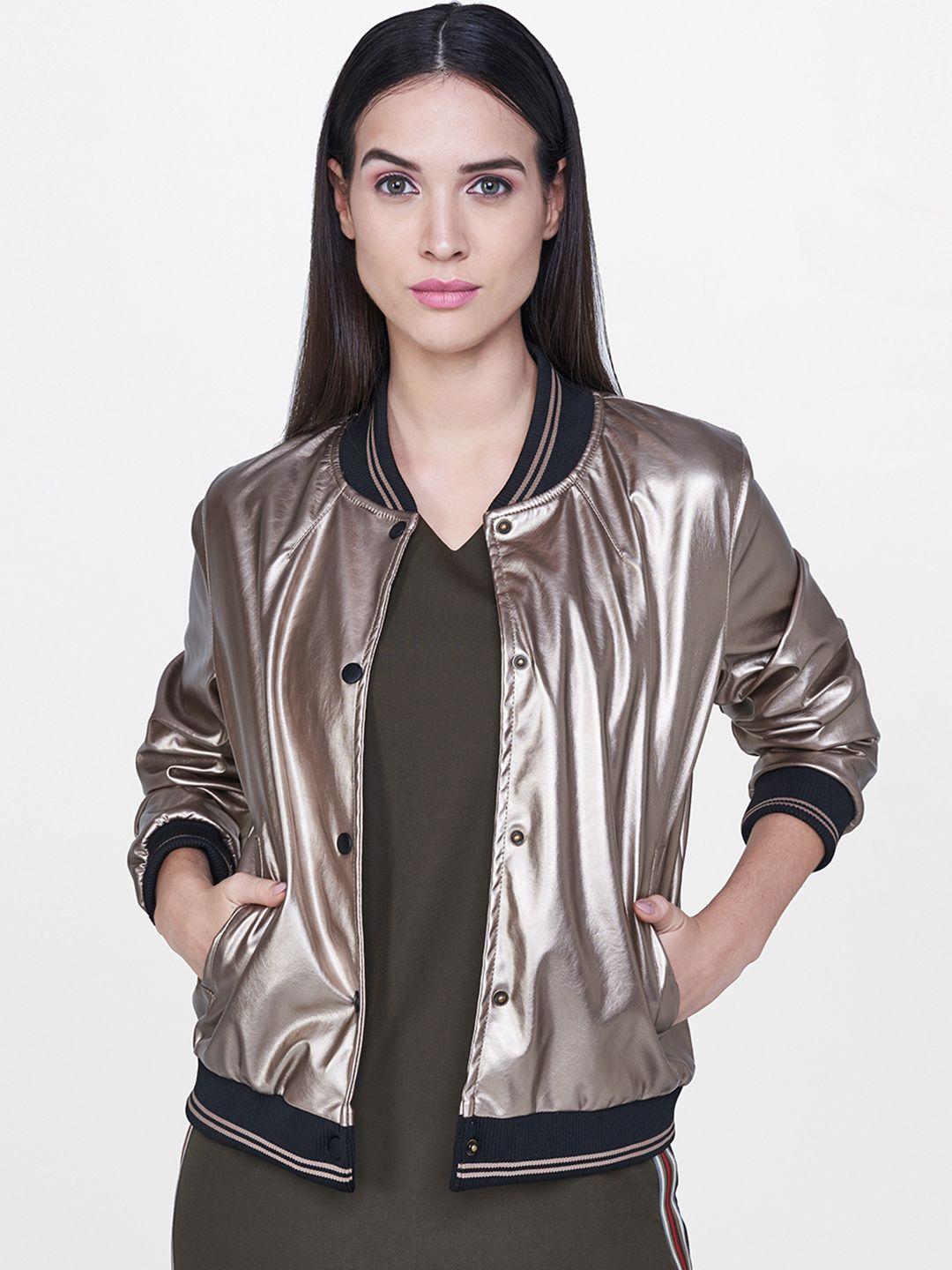 and women bronze-toned solid bomber