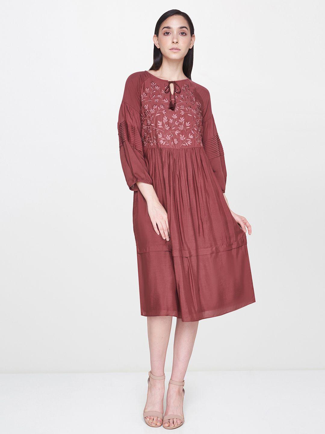 and women brown floral embroidered a-line dress