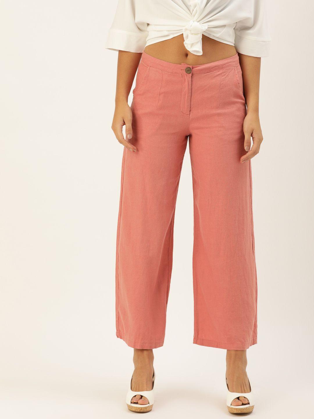 and women coral flared solid parallel trousers