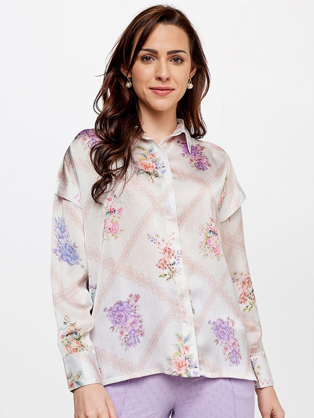 and women cream-coloured floral semi sheer printed casual shirt