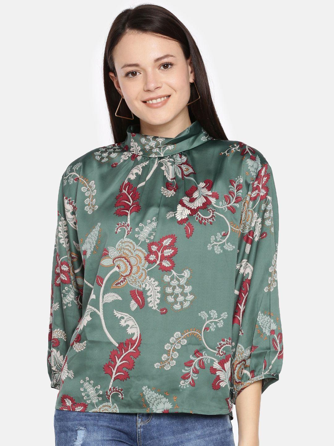 and women green & red printed high neck top