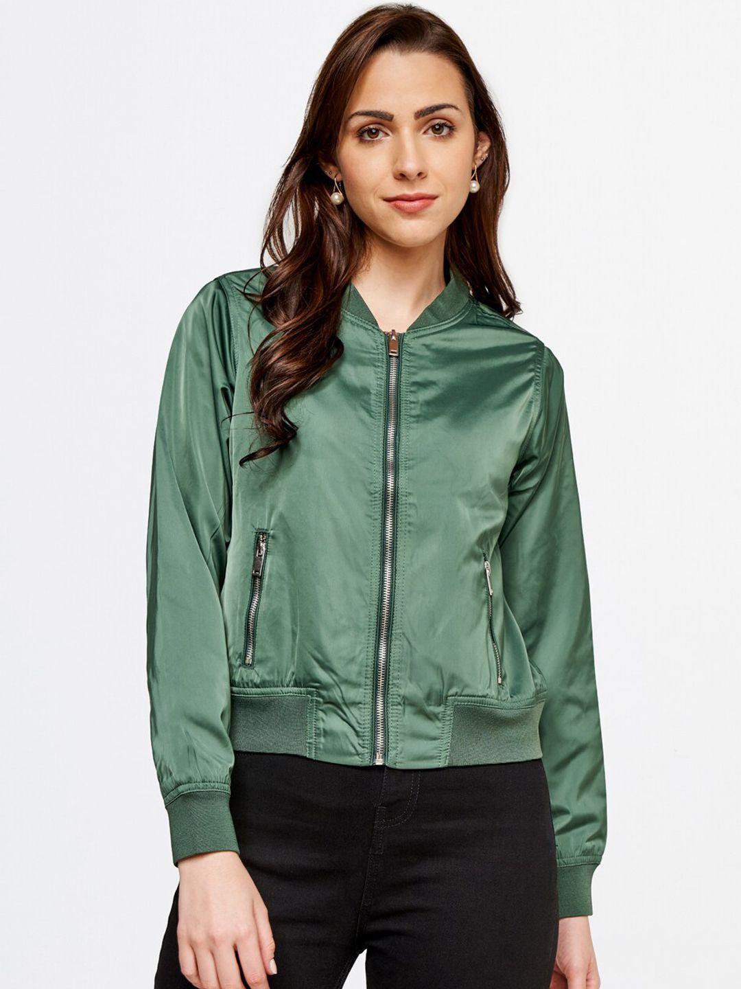 and women green solid bomber jacket
