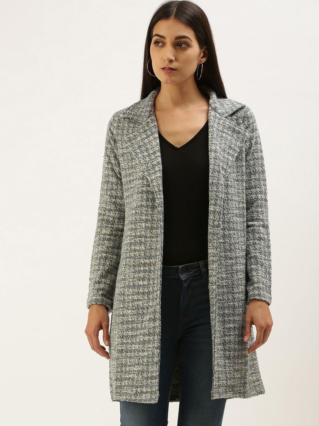 and women grey & blue self-checked boucle knit knee length front open overcoat