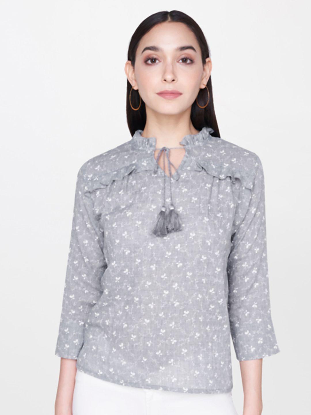 and women grey & white floral printed top with tie-up neck