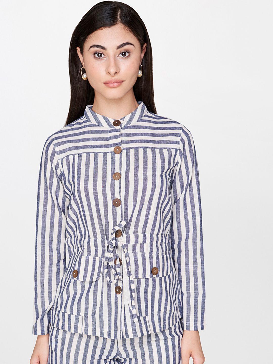 and women grey white striped open front jacket