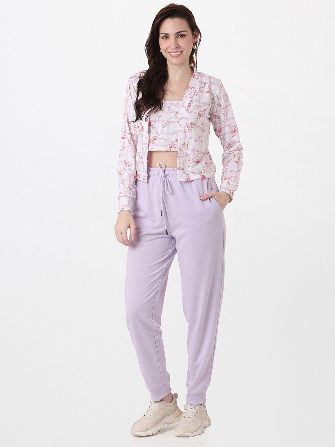 and women lavender printed top & trousers with shrug