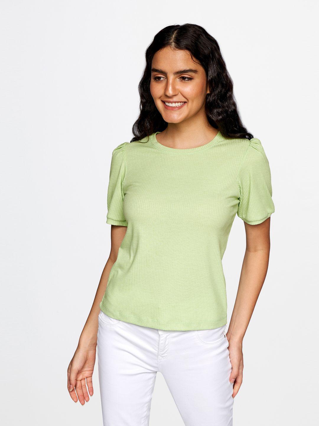 and women lime green ribbed round neck puff sleeves top