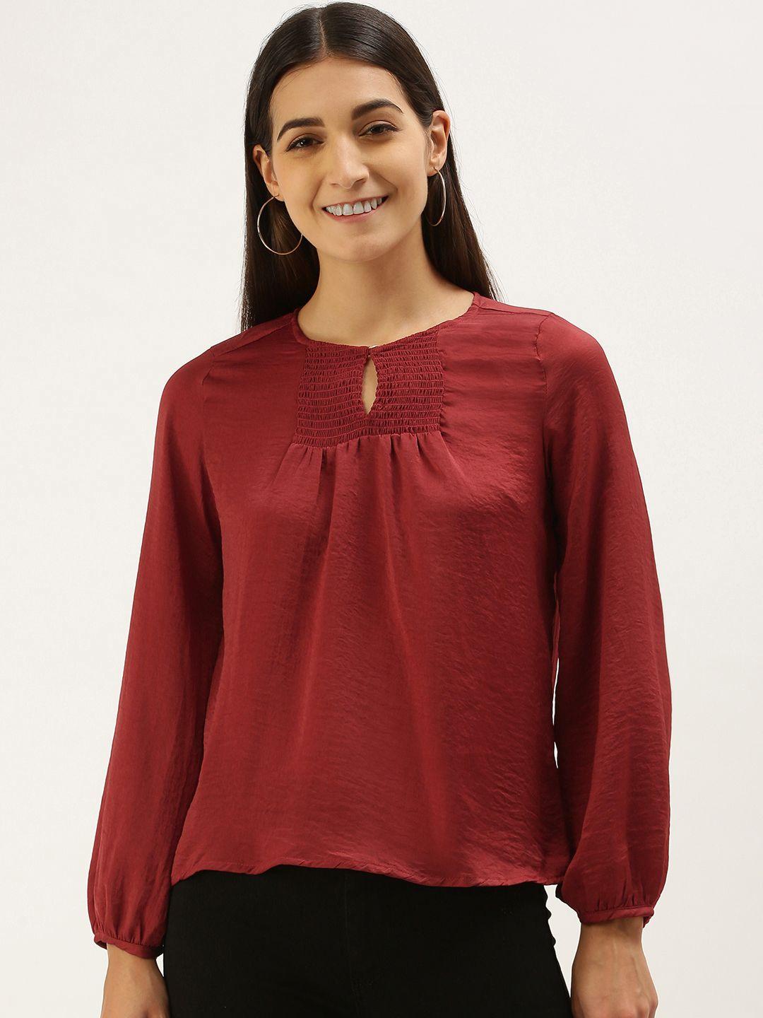 and women maroon solid keyhole neck regular top