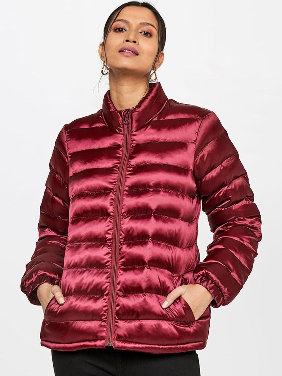 and women maroon striped longline puffer jacket
