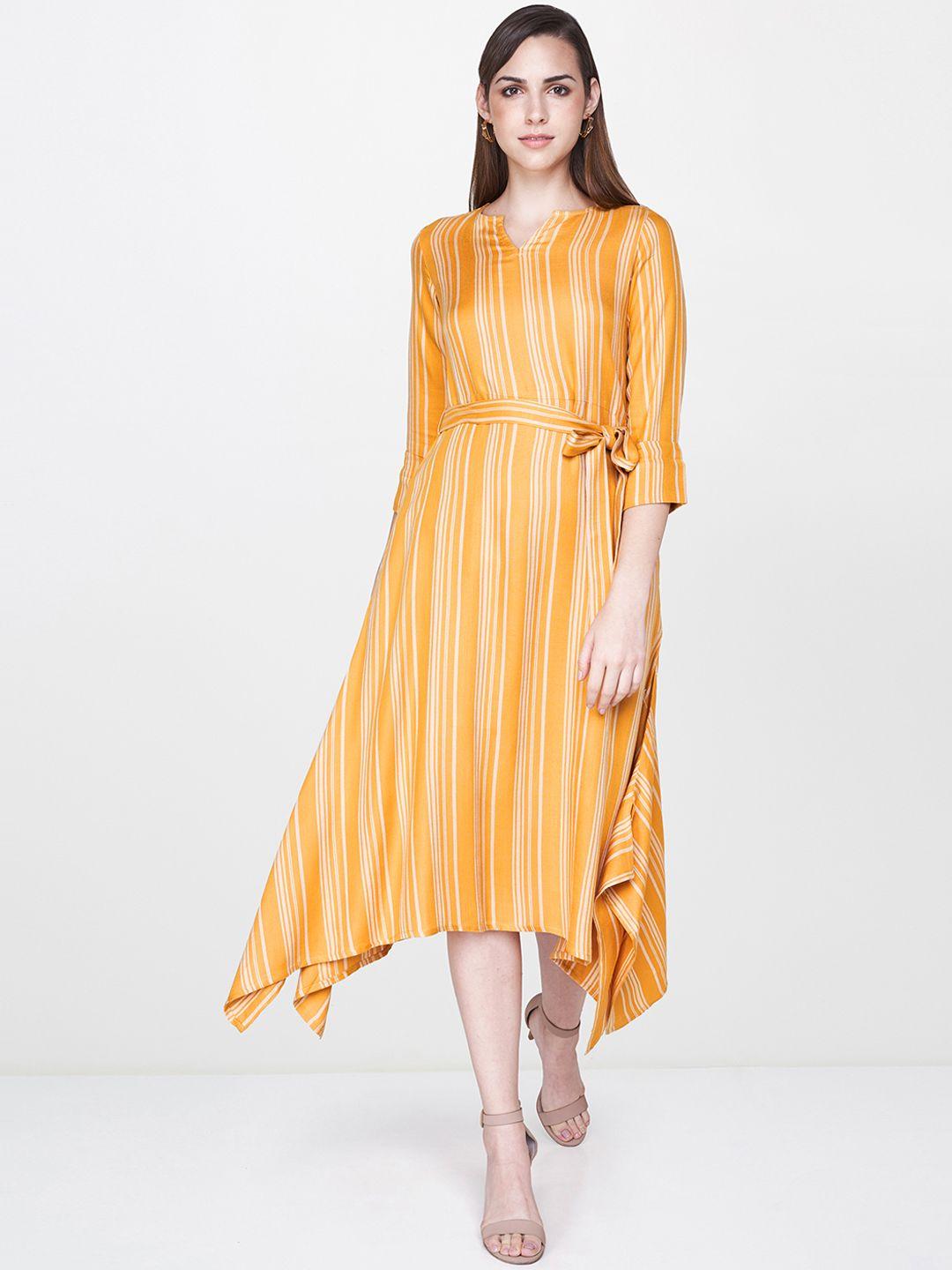 and women mustard yellow striped a-line dress with a belt