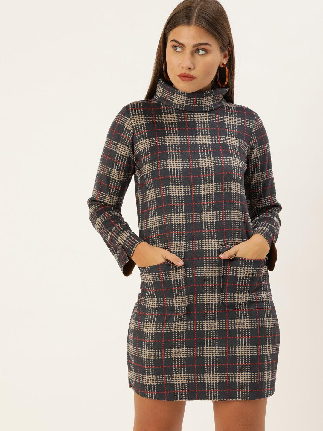 and women navy blue & red checked bodycon dress