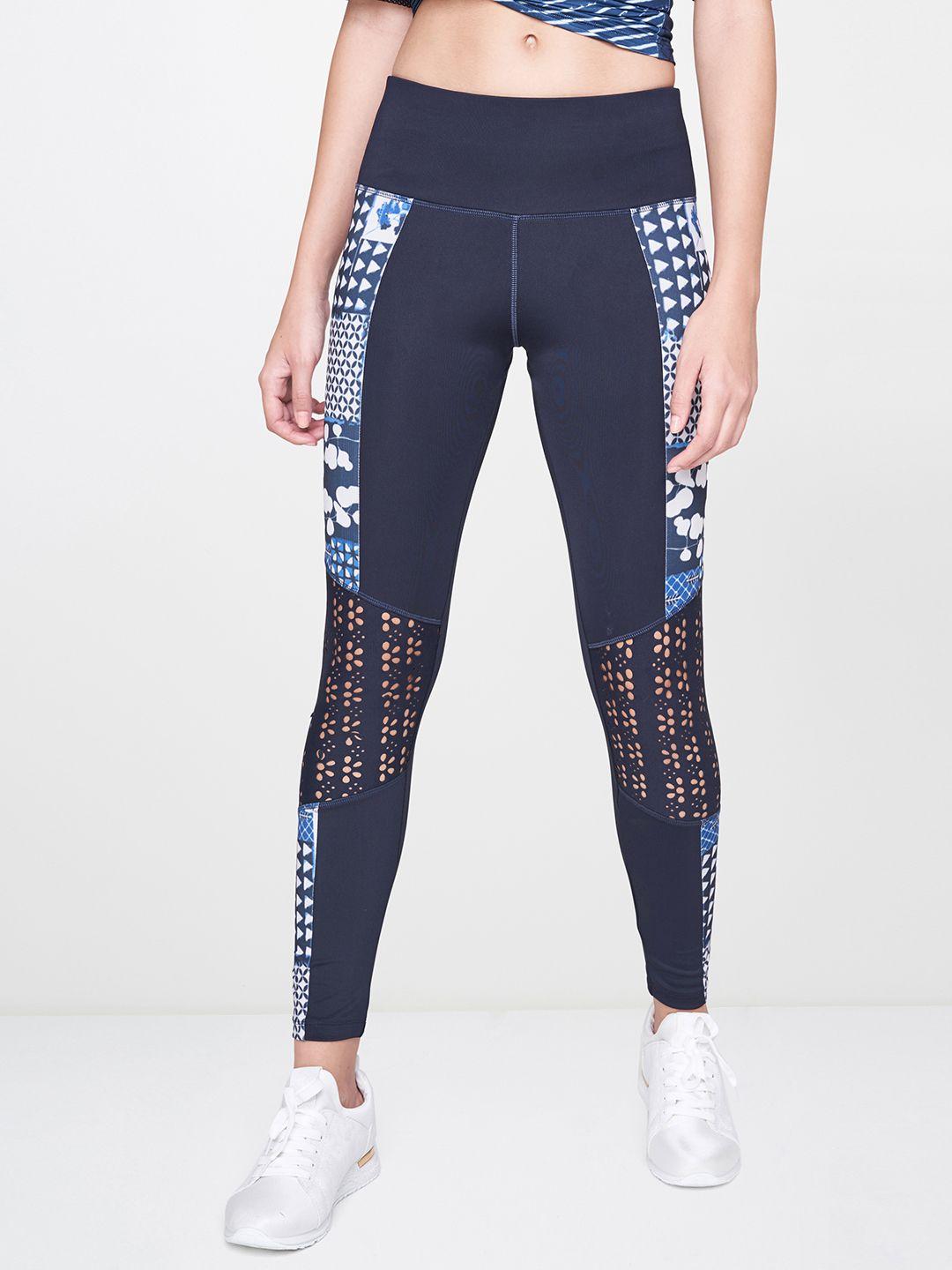 and women navy blue & white printed activewear tights