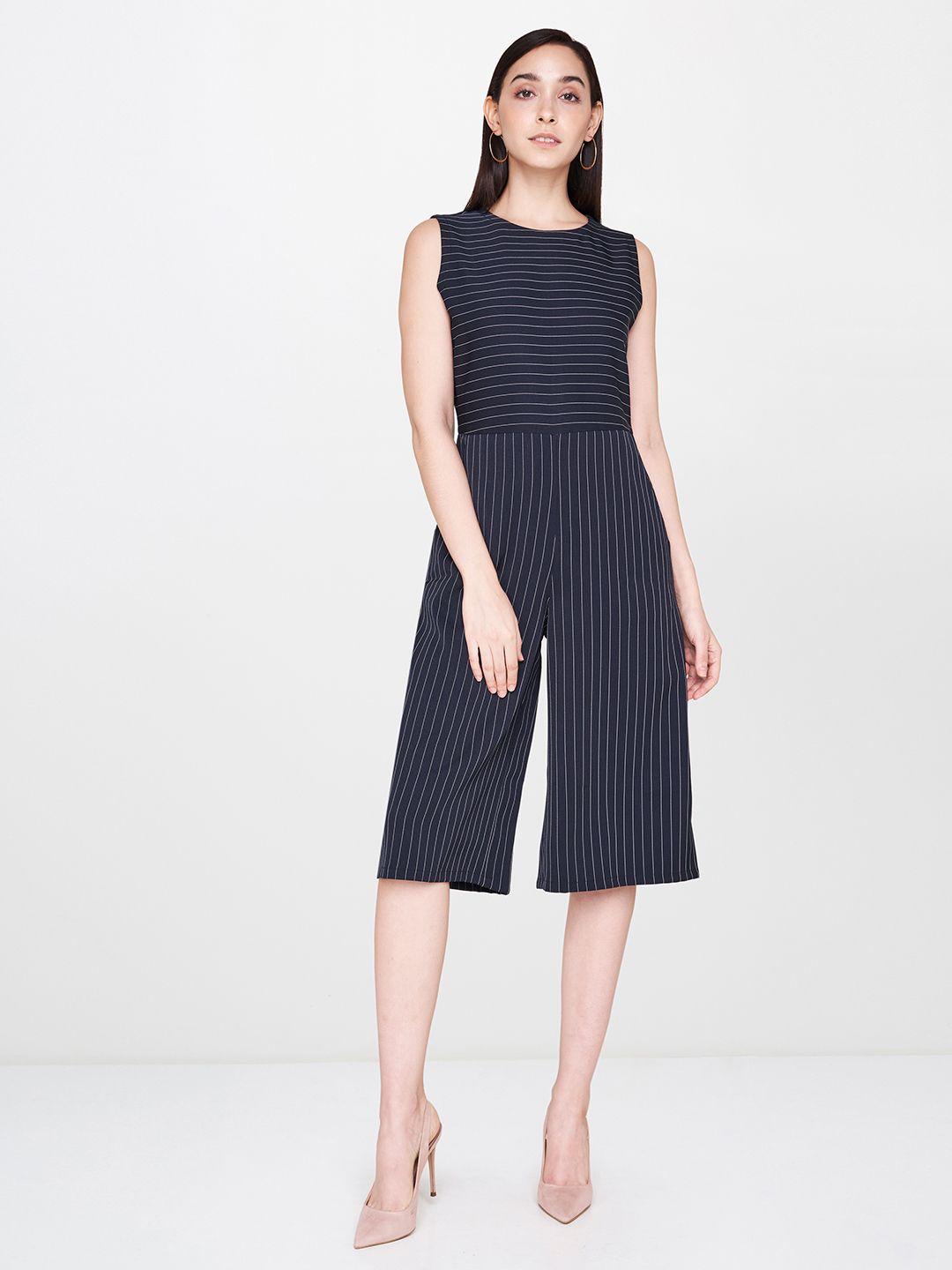 and women navy blue & white striped culotte jumpsuit