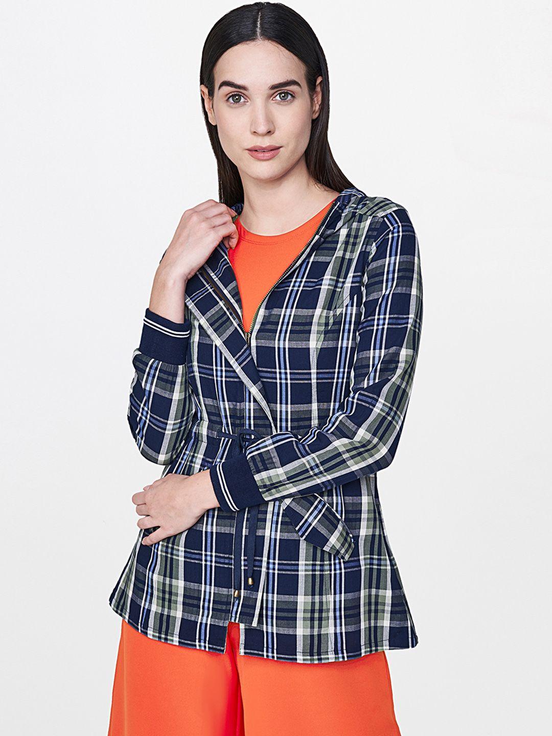 and women navy blue checked open front jacket