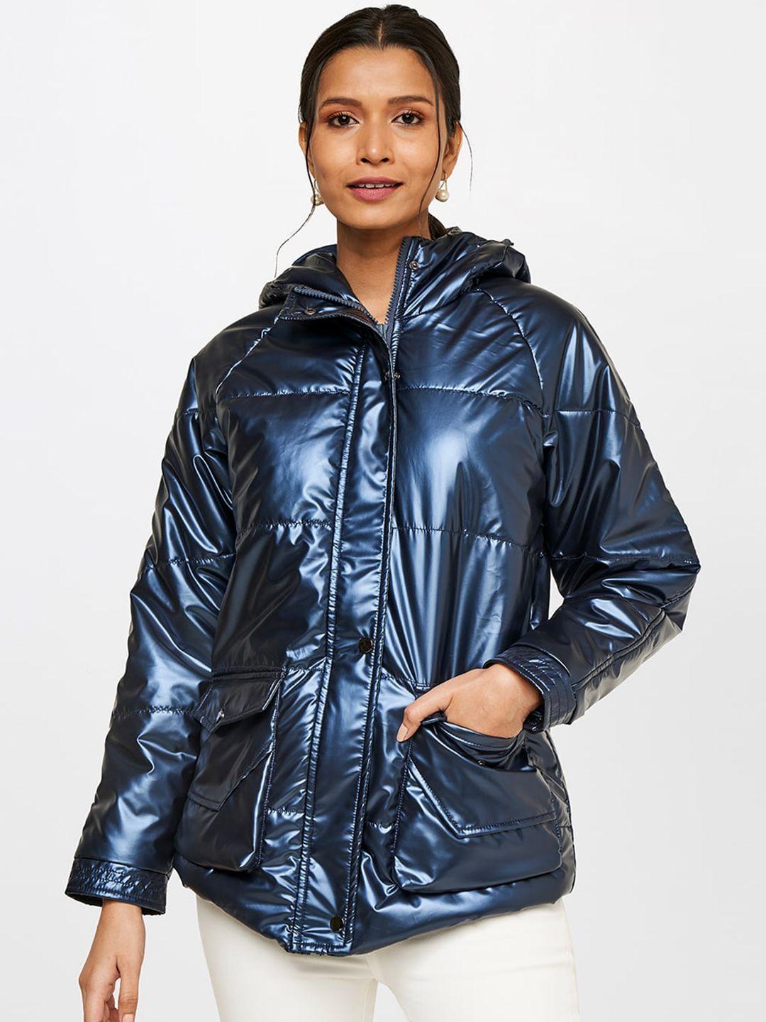 and women navy blue longline puffer jacket