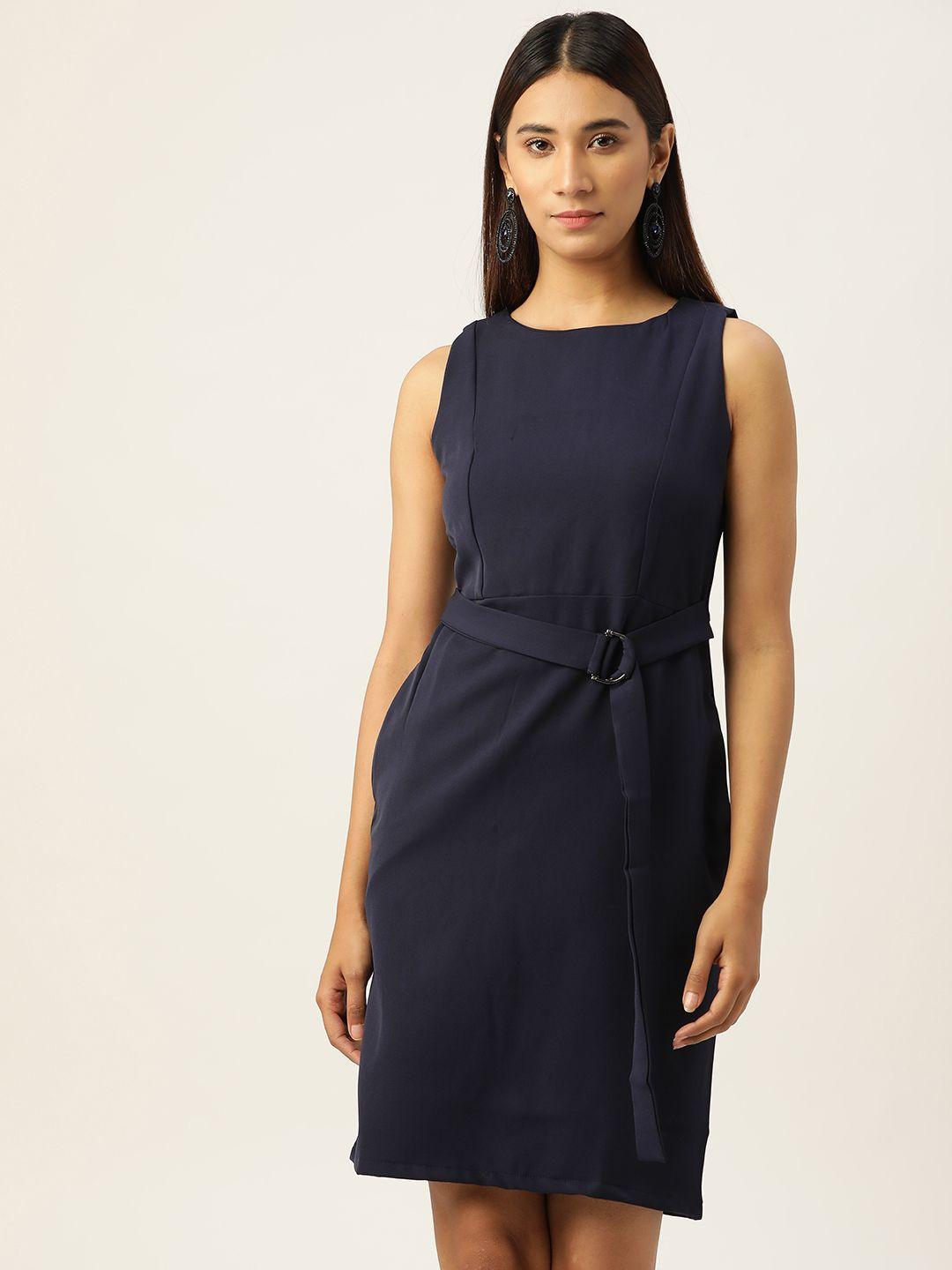 and women navy blue solid sheath dress