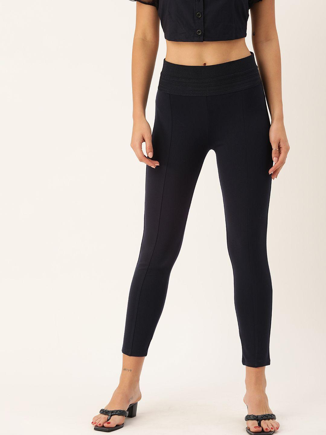 and women navy blue solid tapered fit trousers