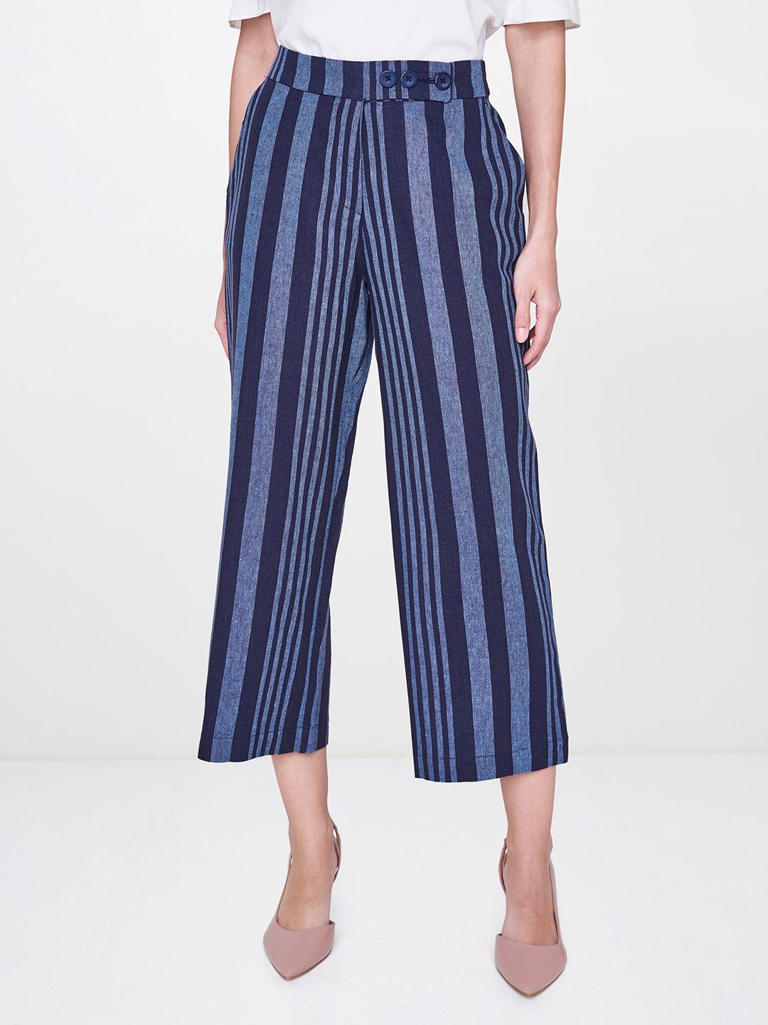 and women navy blue striped slim fit easy wash linen trousers