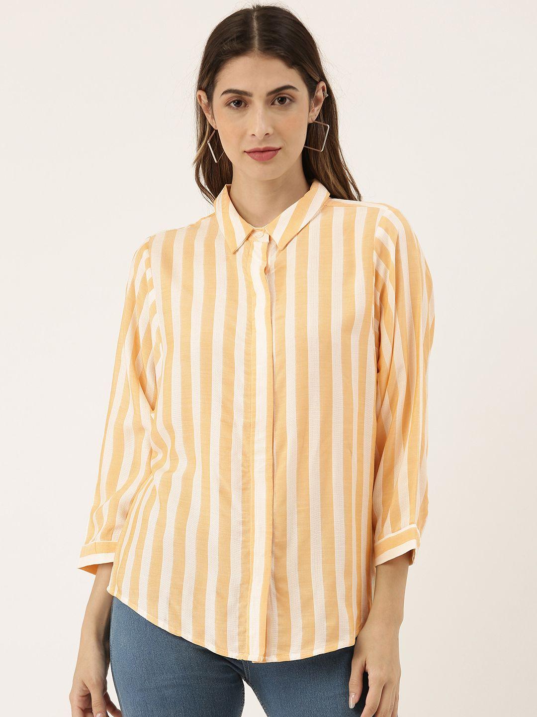 and women off white & coral orange striped shirt style top