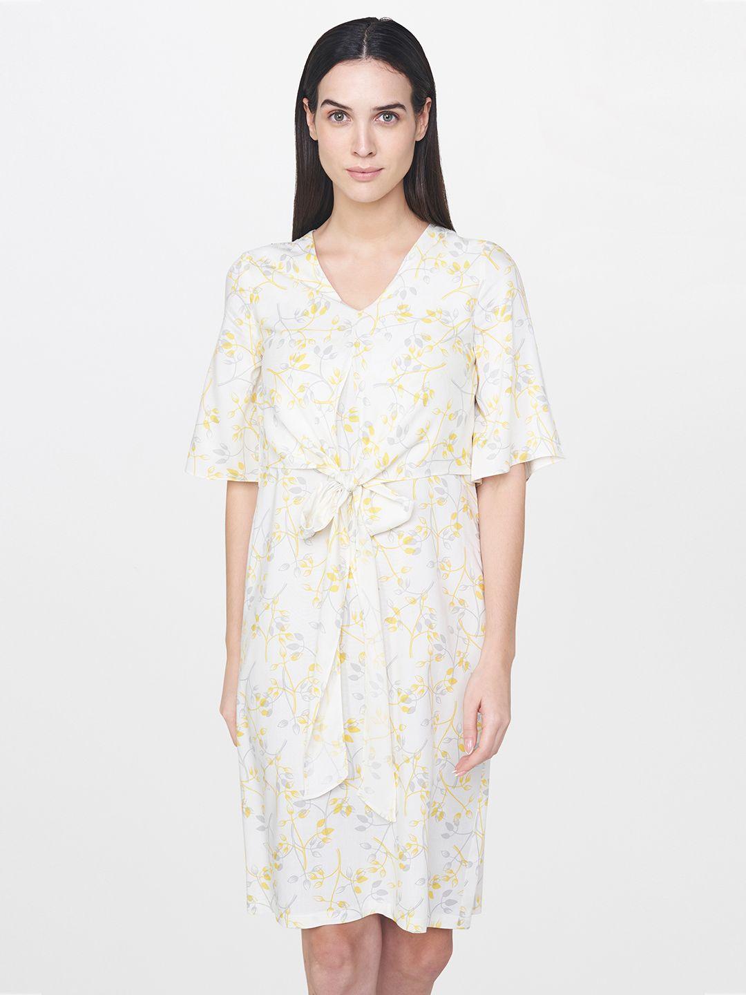 and women off-white & yellow printed a-line dress