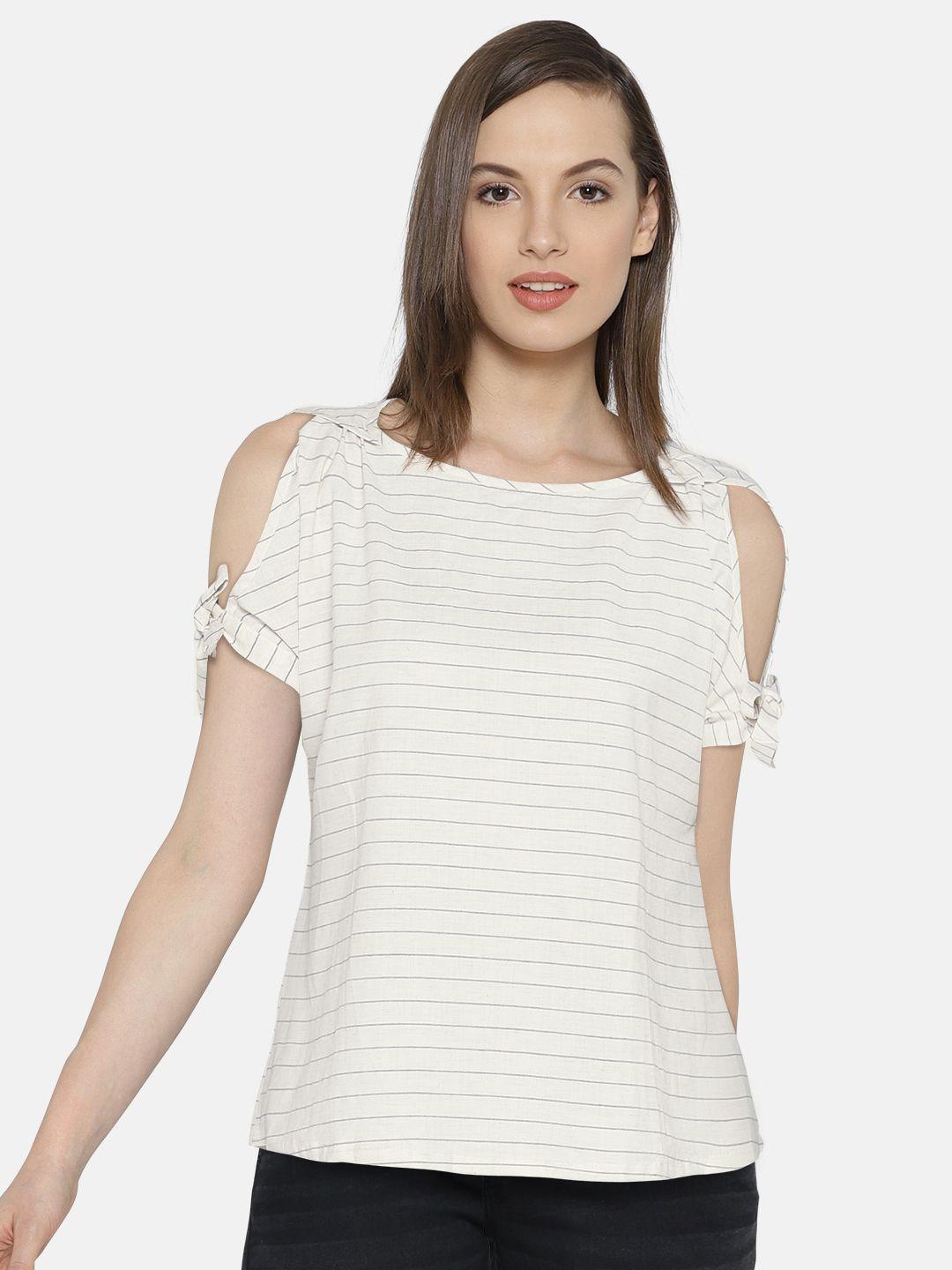 and women off-white striped a-line pure cotton top